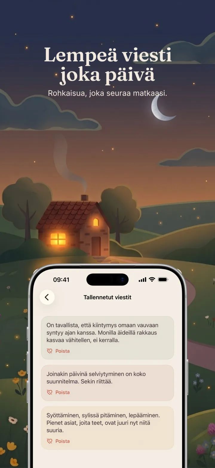 Kuvakaappaus Postpartum Hero -sovelluksesta